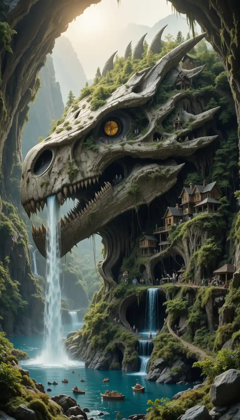 Miniature village thriving inside a colossal dragon skull