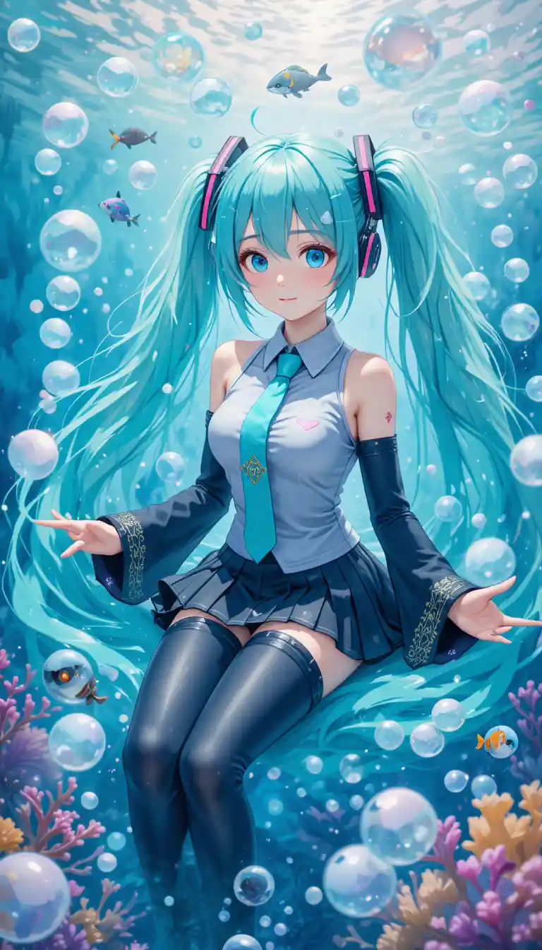Anime girl with turquoise twin tails and soft cinematic light