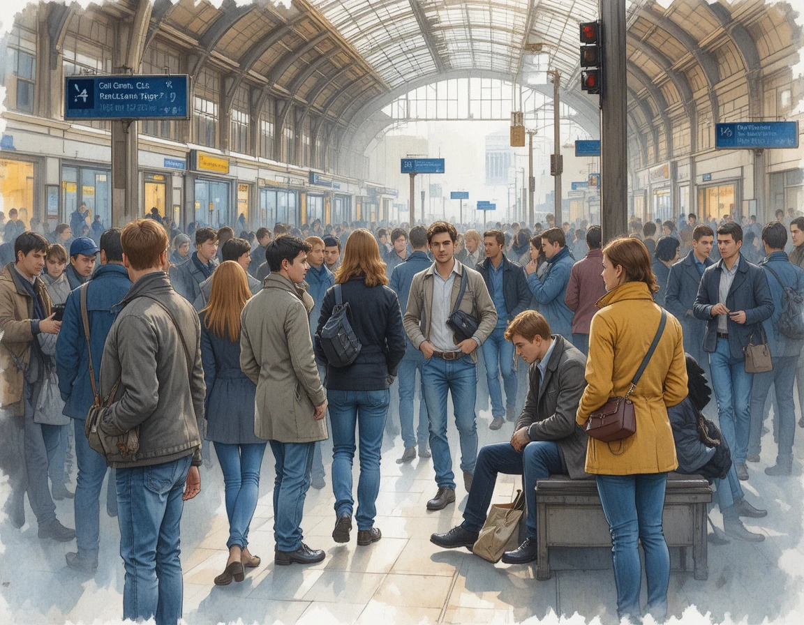 Einsame Frau sitzt in einer belebten Bahnhofsecke