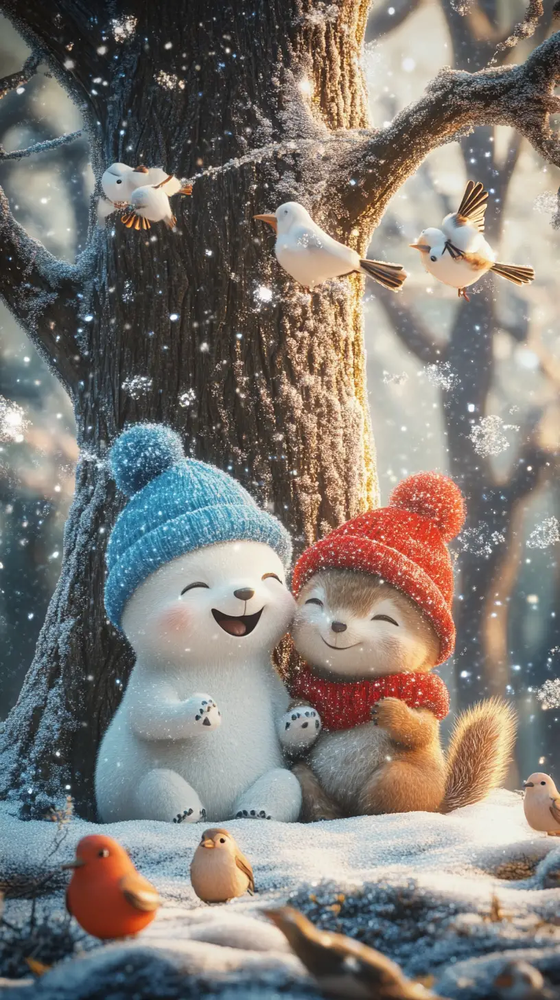 Cute polar bears laughing under a snowy winter tree