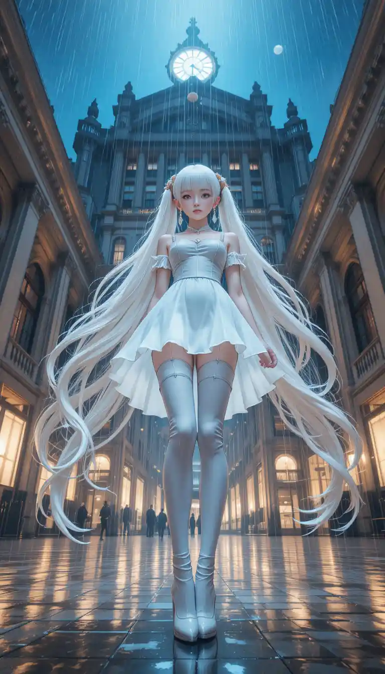 White haired anime girl in thigh high boots at night