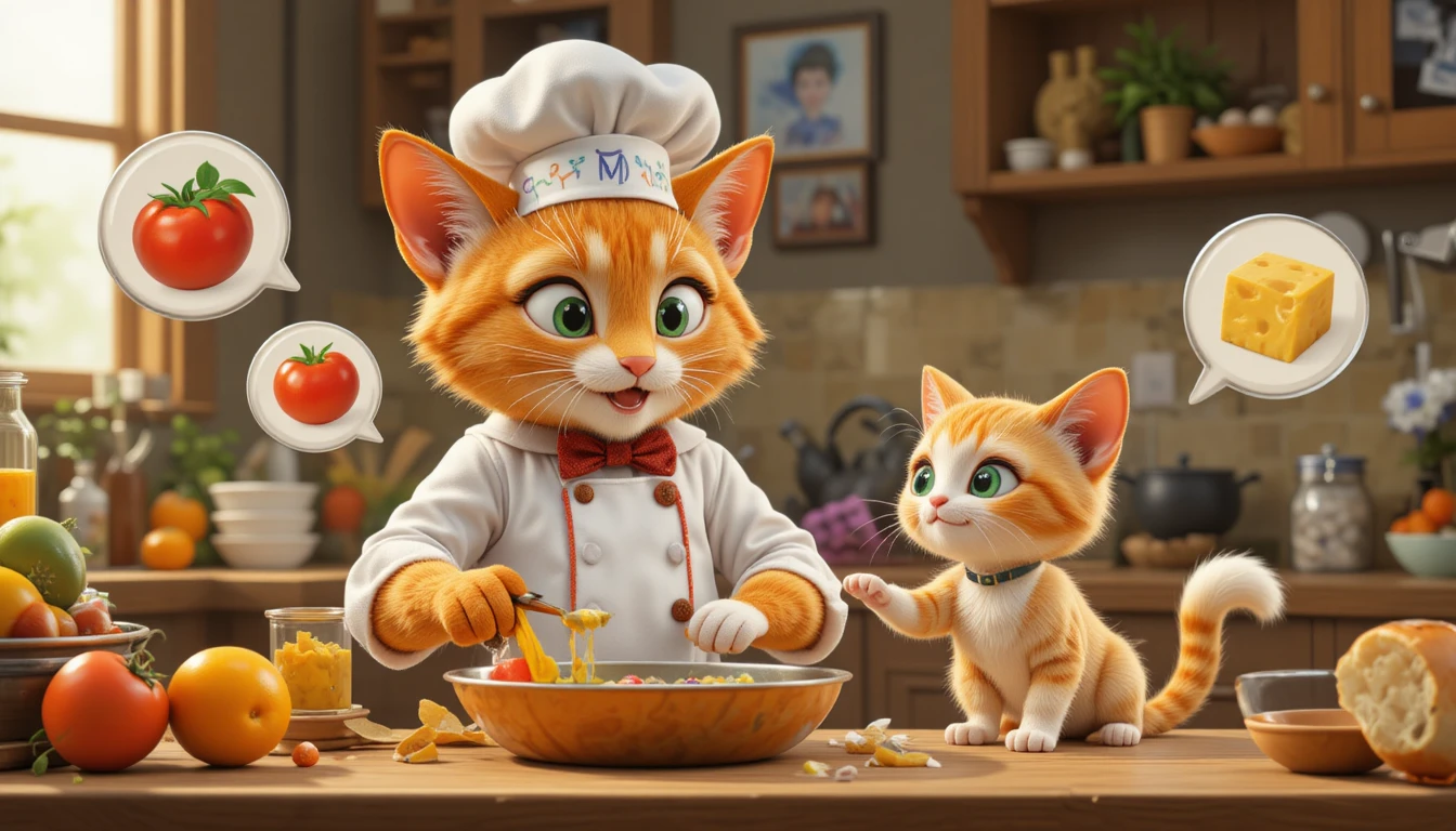 3d cartoon cat chef teaching a small kitten assistant