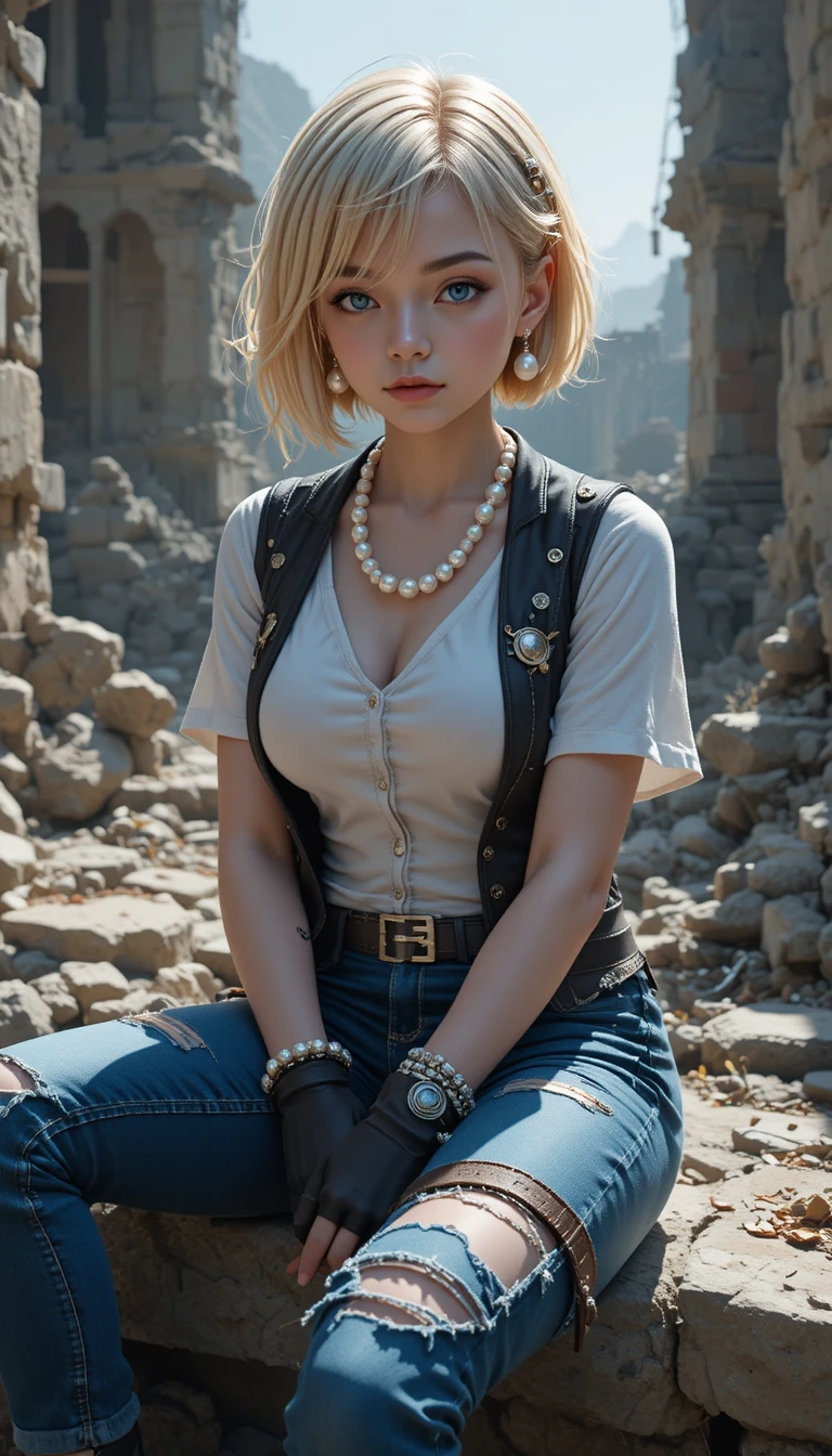 Blonde android woman sitting in ruins with torn clothes