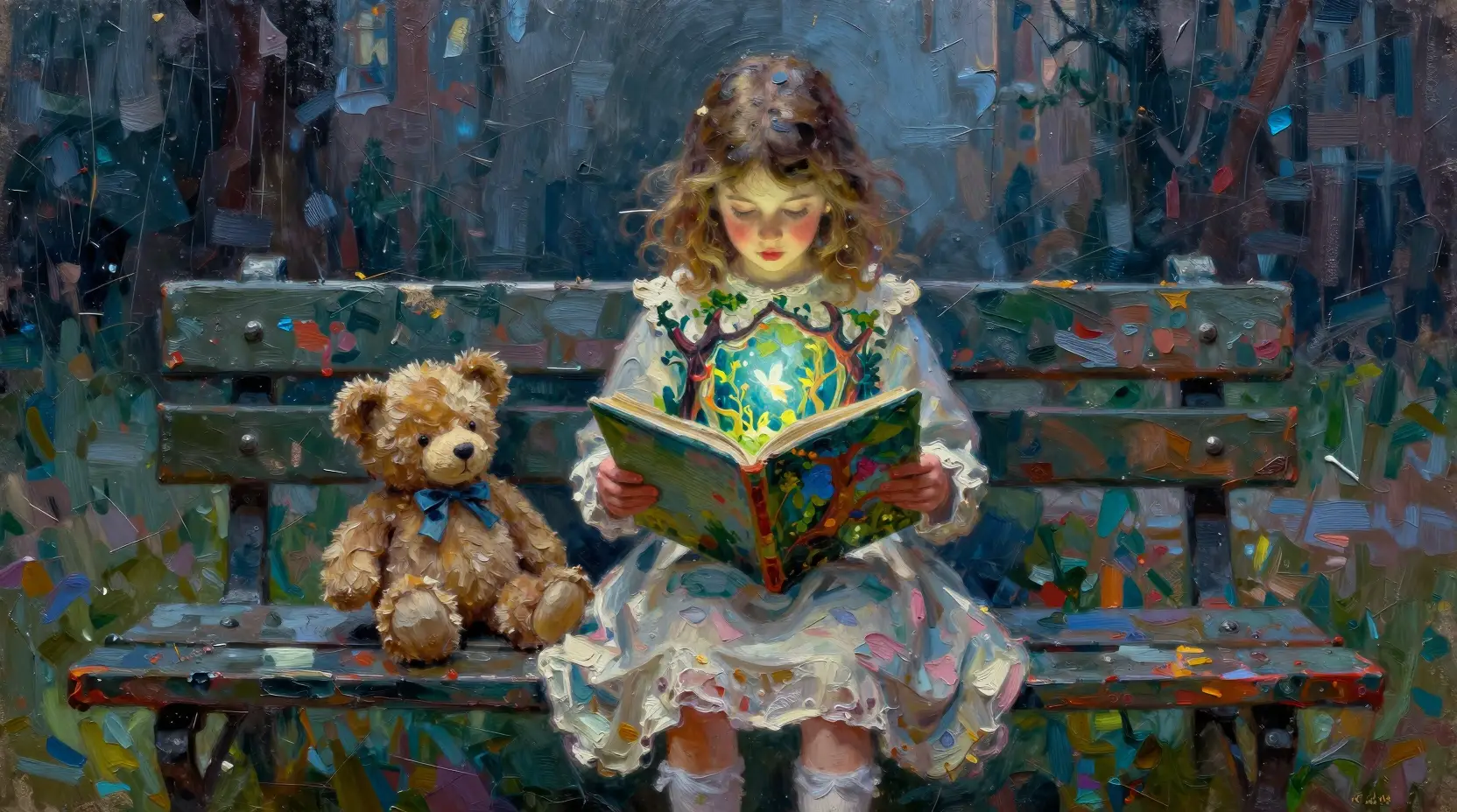 Little girl with teddy bear reading a magical forest book