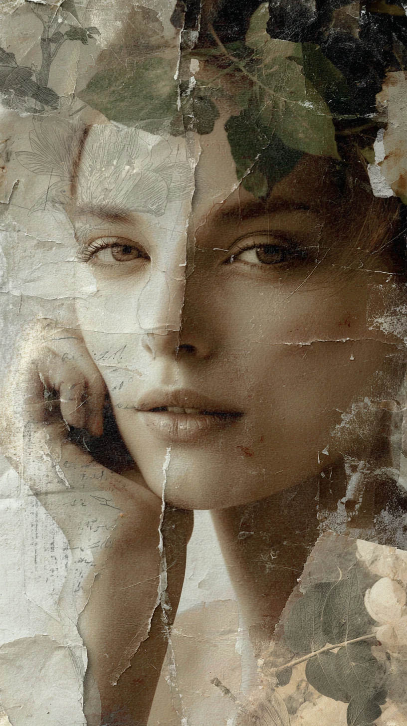 Romantic collage portrait of a young girl with botanical layers