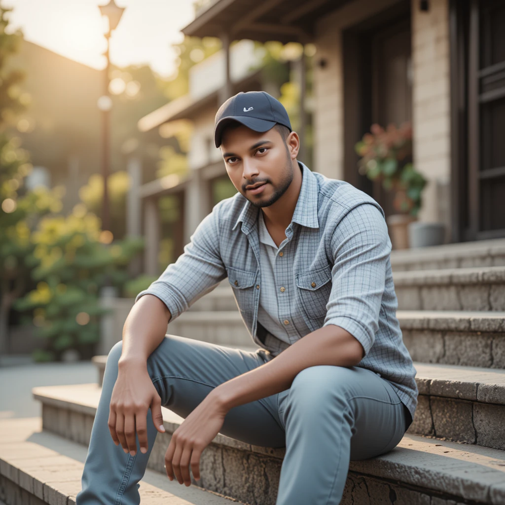 Casual man sitting on outdoor steps at golden hour