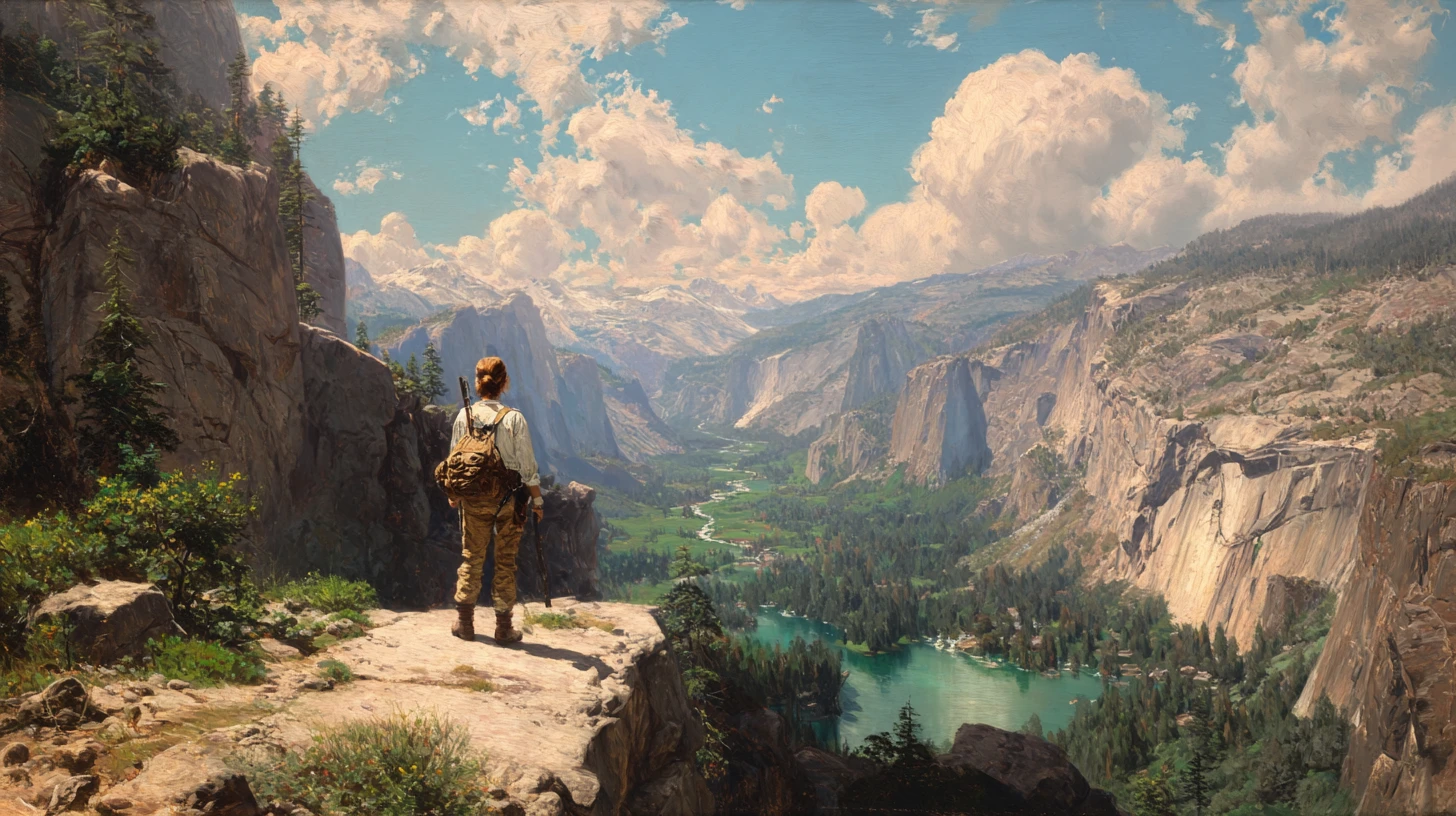 Hiking woman on cliff overlooking river valley and mountains