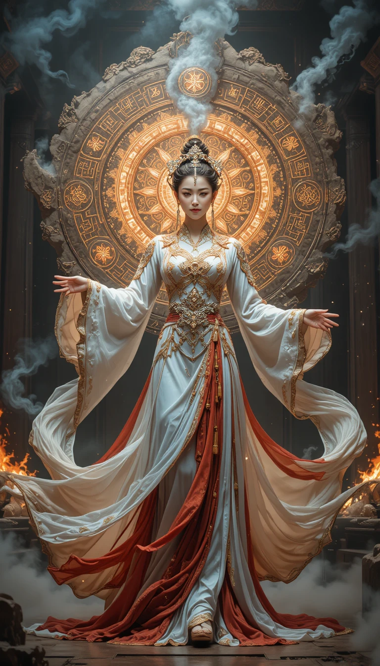 Chinesische Göttin im prachtvollen Hanfu vor leuchtender Mandala