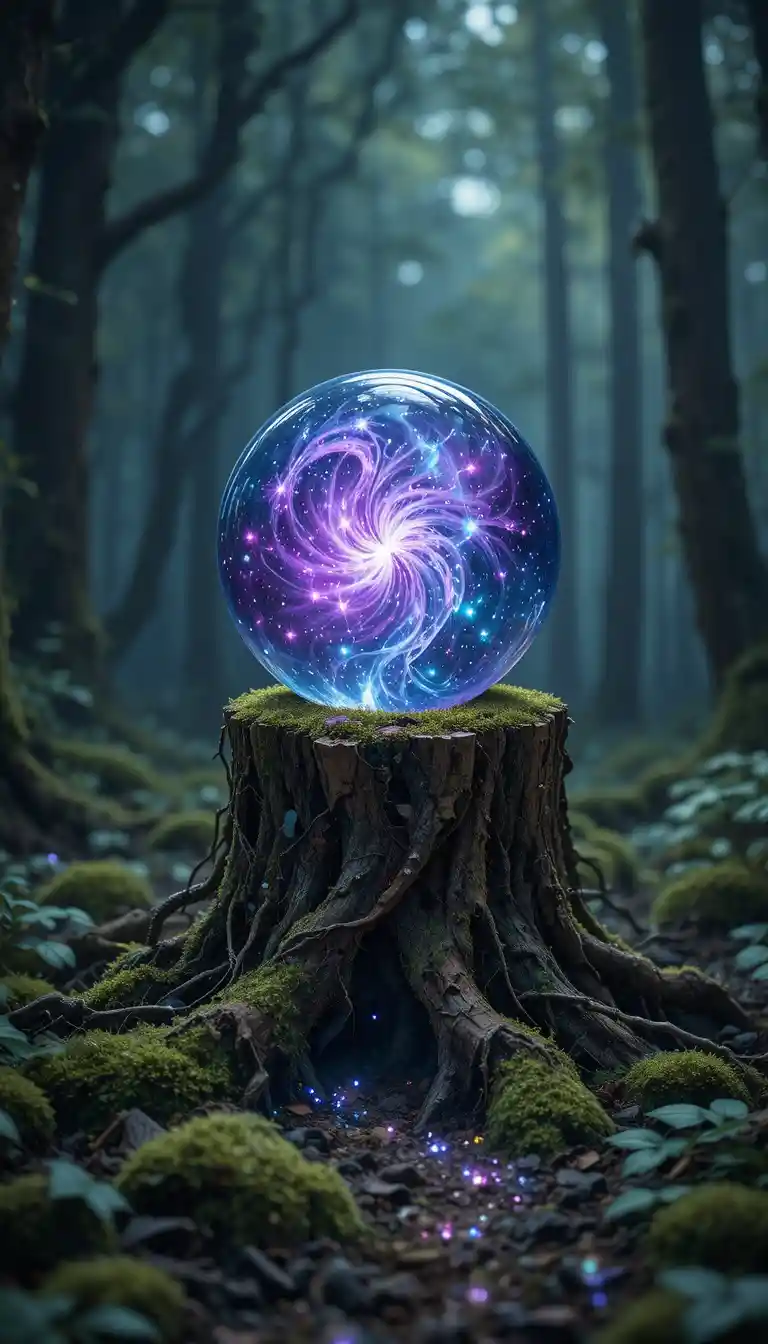 Sfera di cristallo con luce di nebulosa su ceppo muschioso nella foresta