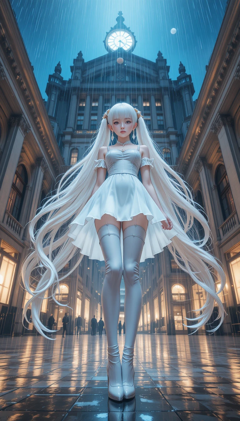 White haired anime girl in thigh high boots at night