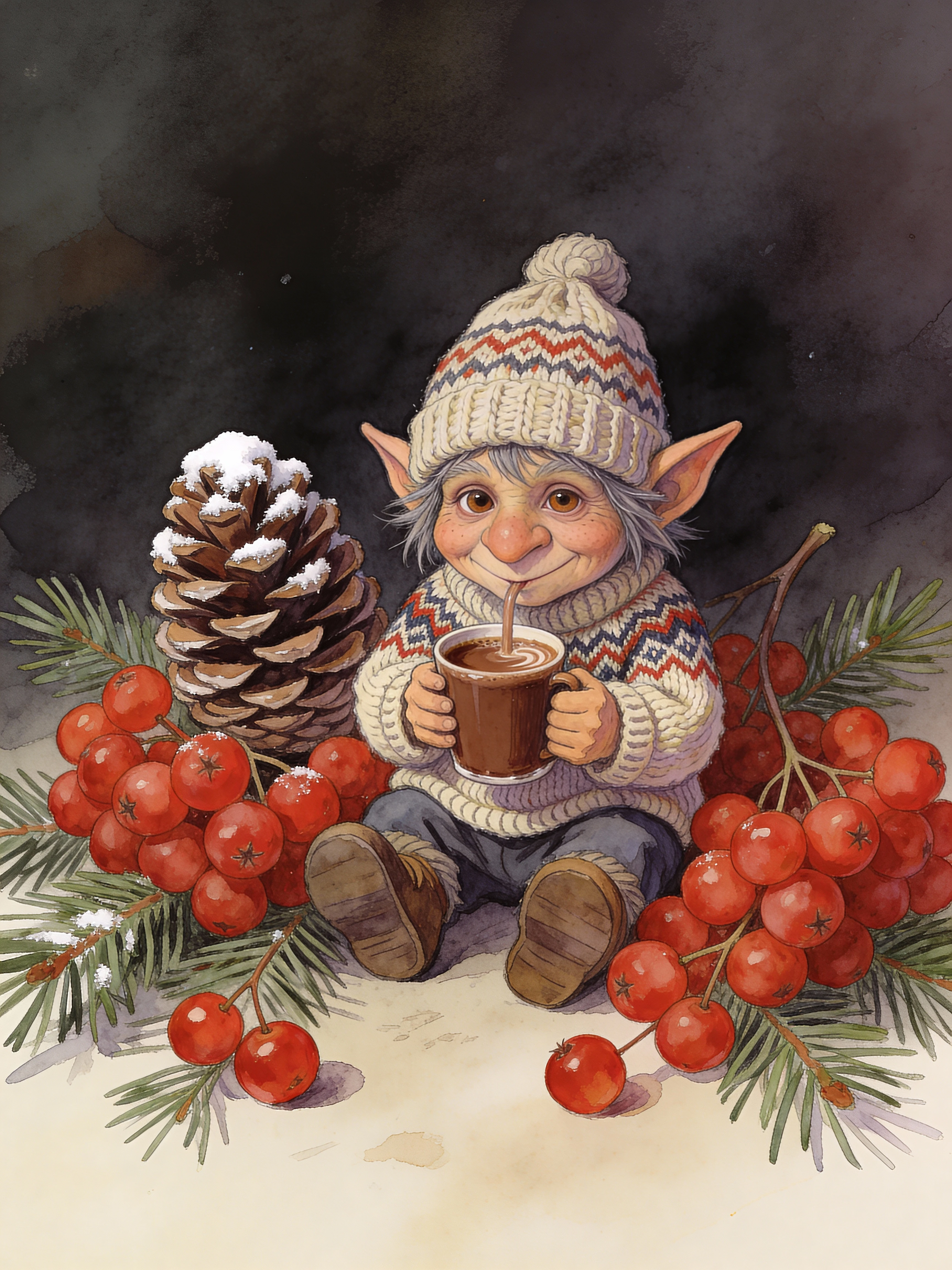 Adorable troll dans la neige avec chocolat chaud et pomme de pin
