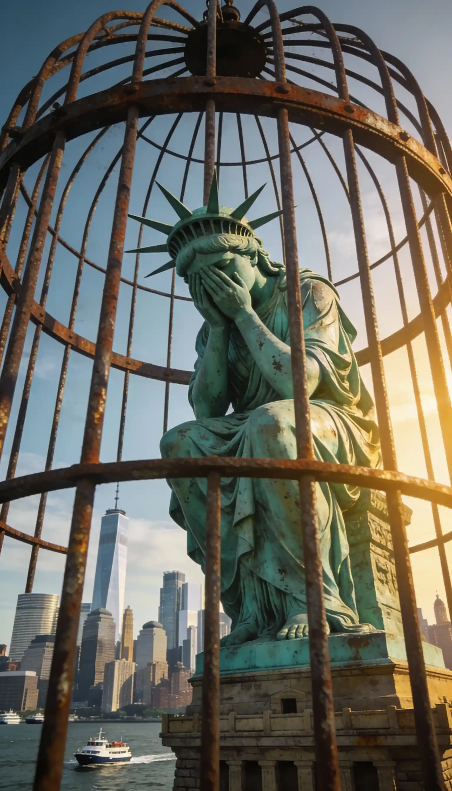 Statue of Liberty Enclosed In Cage Overlooking New York Harbor