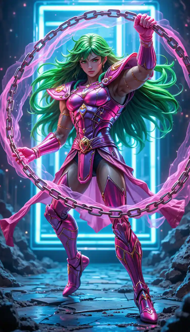 Armored anime warrior spinning chains in neon outer space