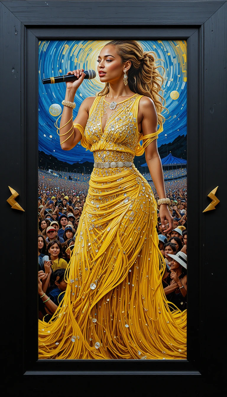 Beyoncé on a vibrant concert stage in impasto painting style