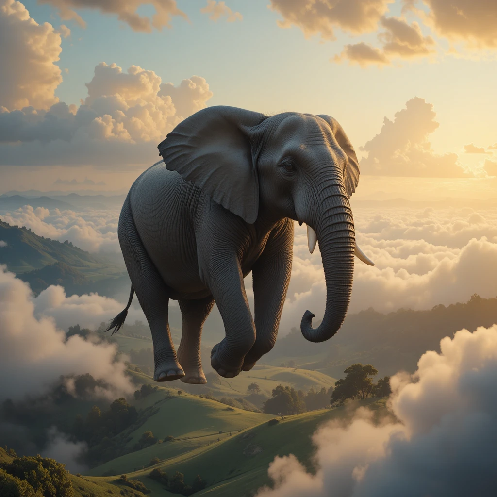 Elefante volante che plana tra le nuvole all’alba calda