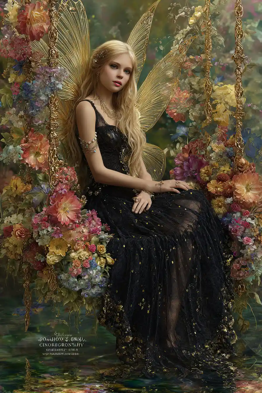 Golden fairy on filigree swing in black lace dress