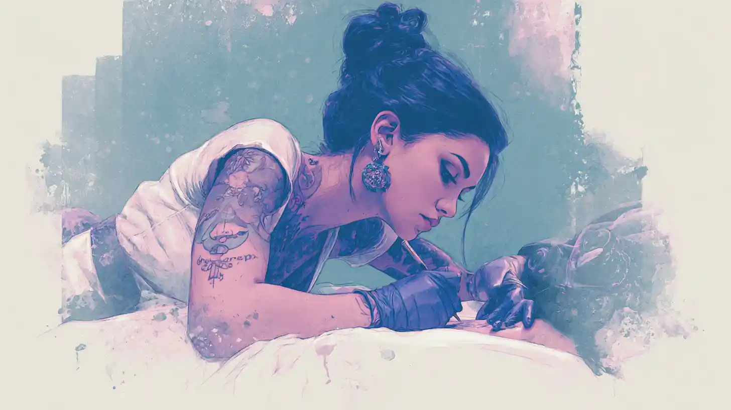 Woman receiving celestial back tattoo in moody studio