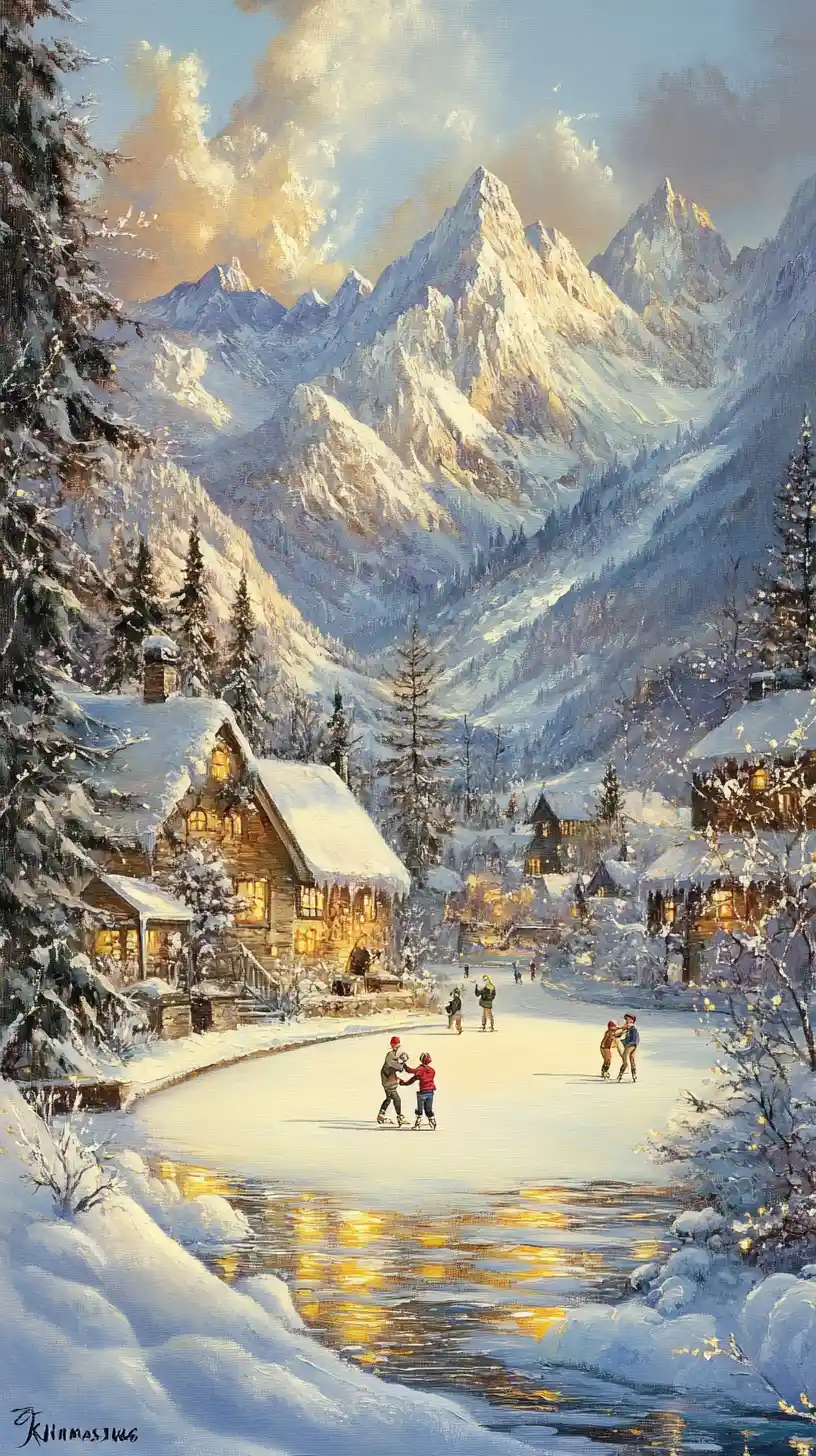 Sunny winter mountain village with children ice skating