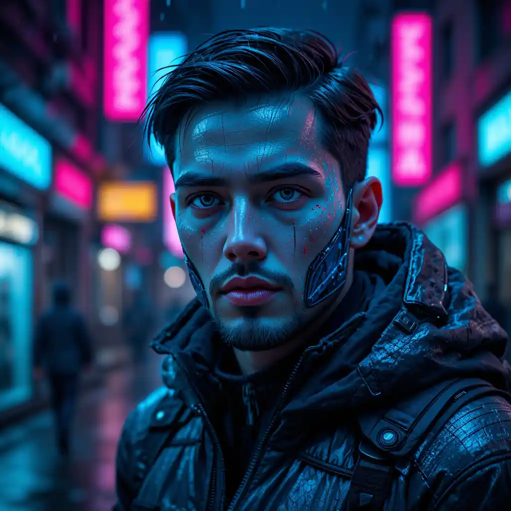ネオンに照らされた雨の街に立つ未来的なサイボーグ男性のポートレート