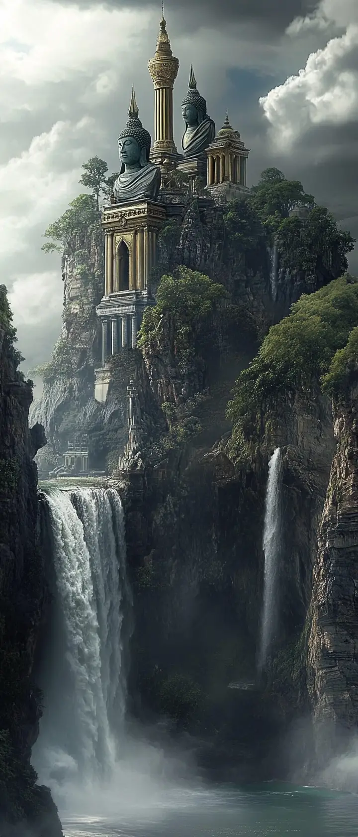 Buddhist cliffside temple above stormy sea in Thailand