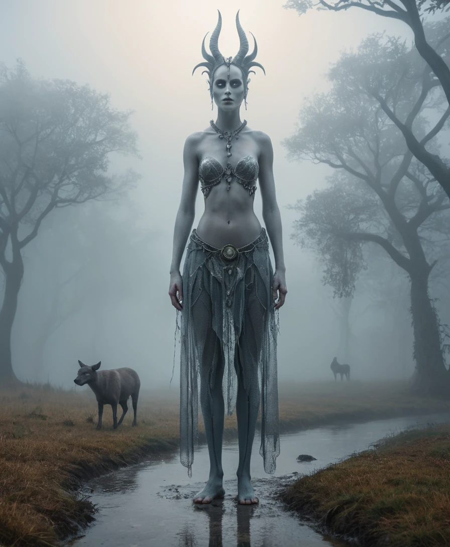 Figura surreal en un paisaje de fantasía en una mañana brumosa