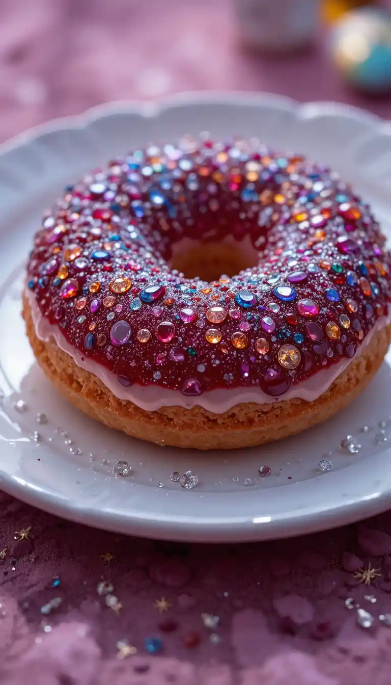 Gemstone donut on white plate in soft studio light