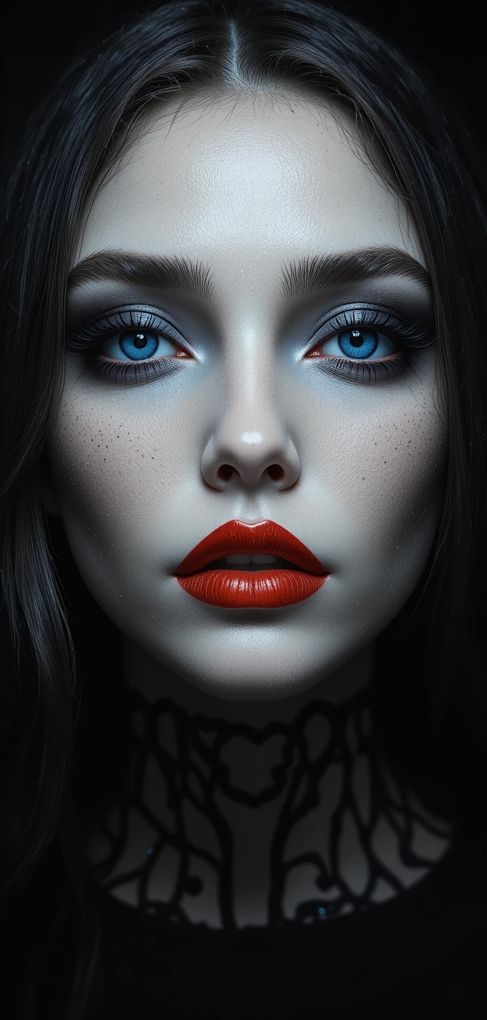 Ojos azules brillantes y labios rojos sobre fondo negro