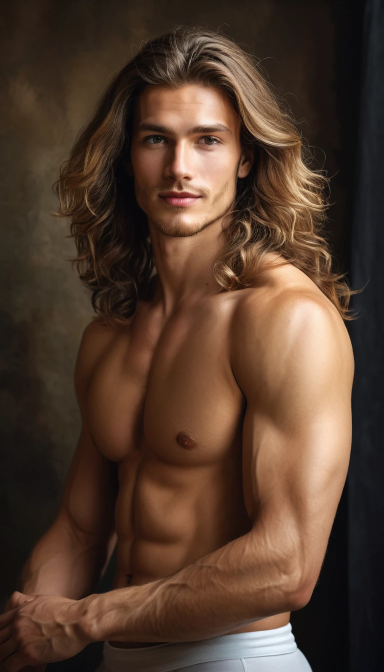 Joven modelo masculino posando en un aula de bellas artes en Oxford