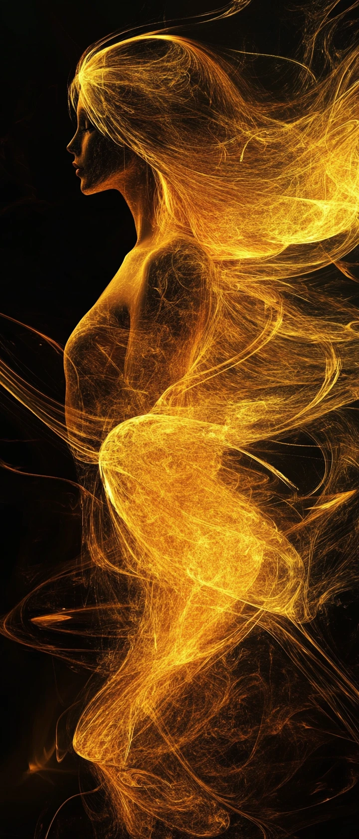 Emozioni dorate che formano la silhouette di una donna nell’oscurità cosmica
