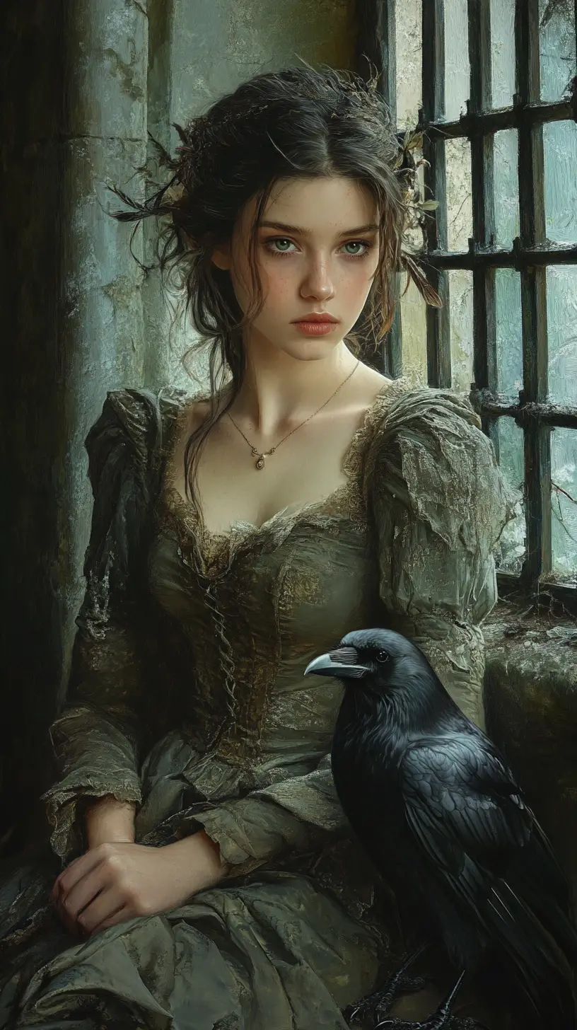 Young woman with a crow in a ruined stone interior