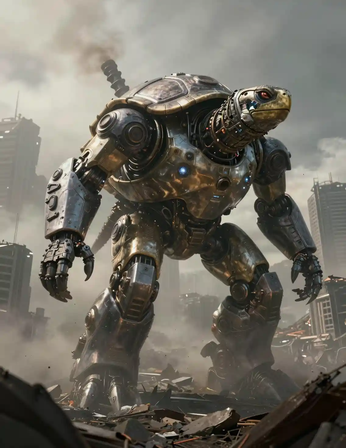 Gigante robô tartaruga pairando sobre cidade aérea arruinada