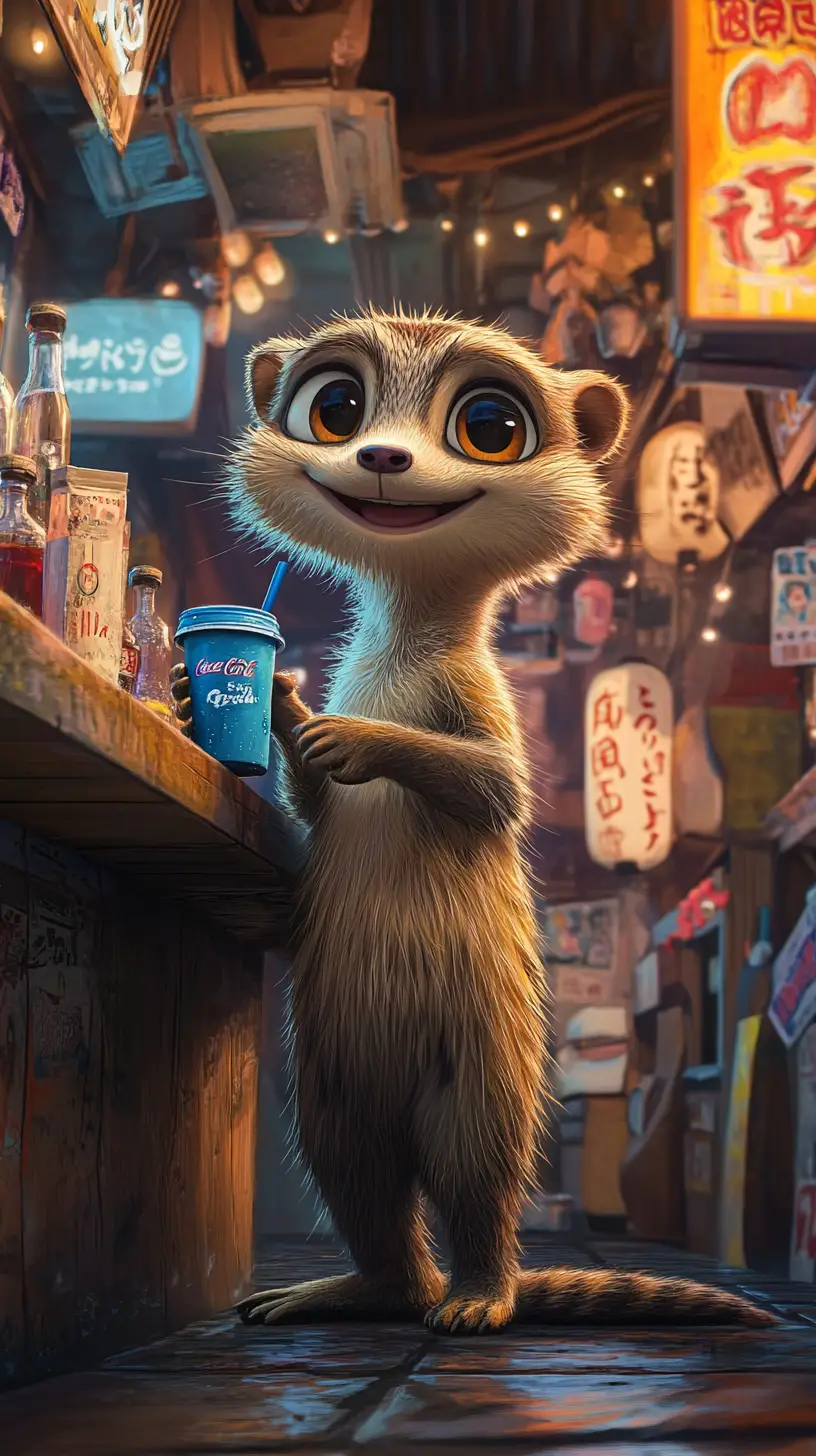 Smiling Cartoon Meerkat Relaxing At A Colorful Bar
