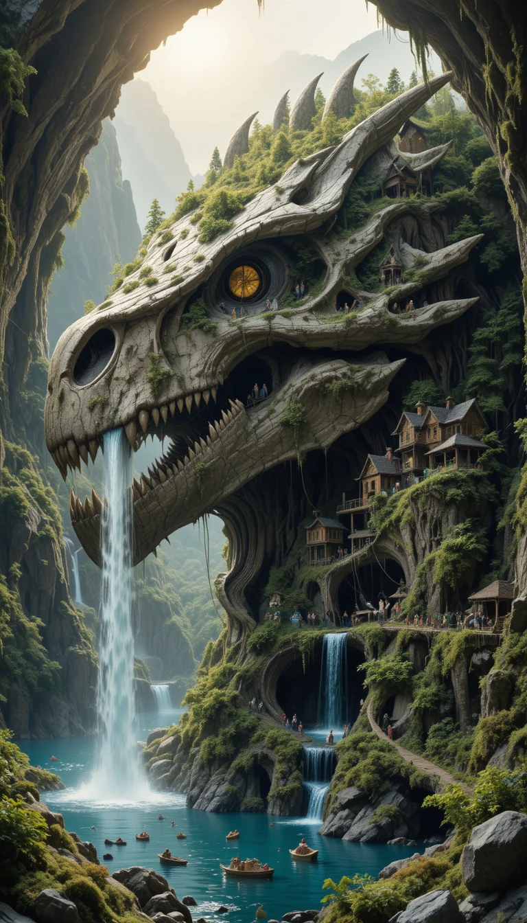 Miniature village thriving inside a colossal dragon skull
