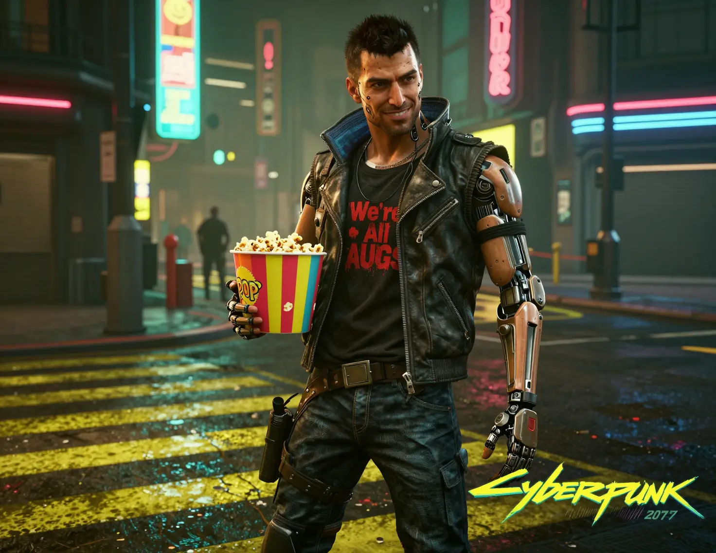 Homme cyberpunk avec du pop-corn dans une rue de ville néon