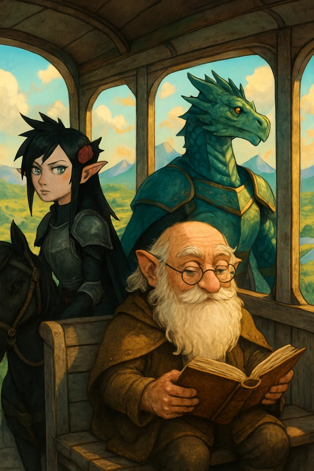 Bus de fantasy ludique avec nain lecteur et guerrier dragon