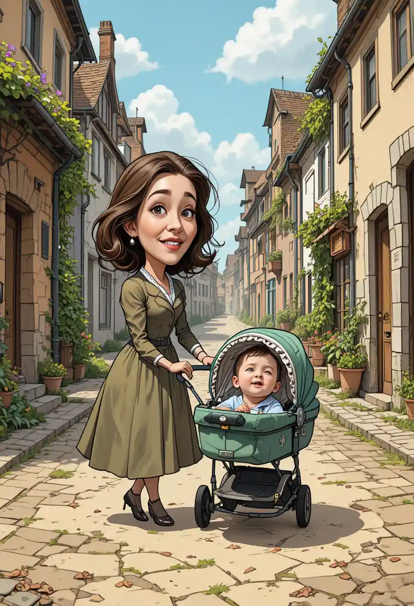 Mother walking a baby in a stroller through village streets