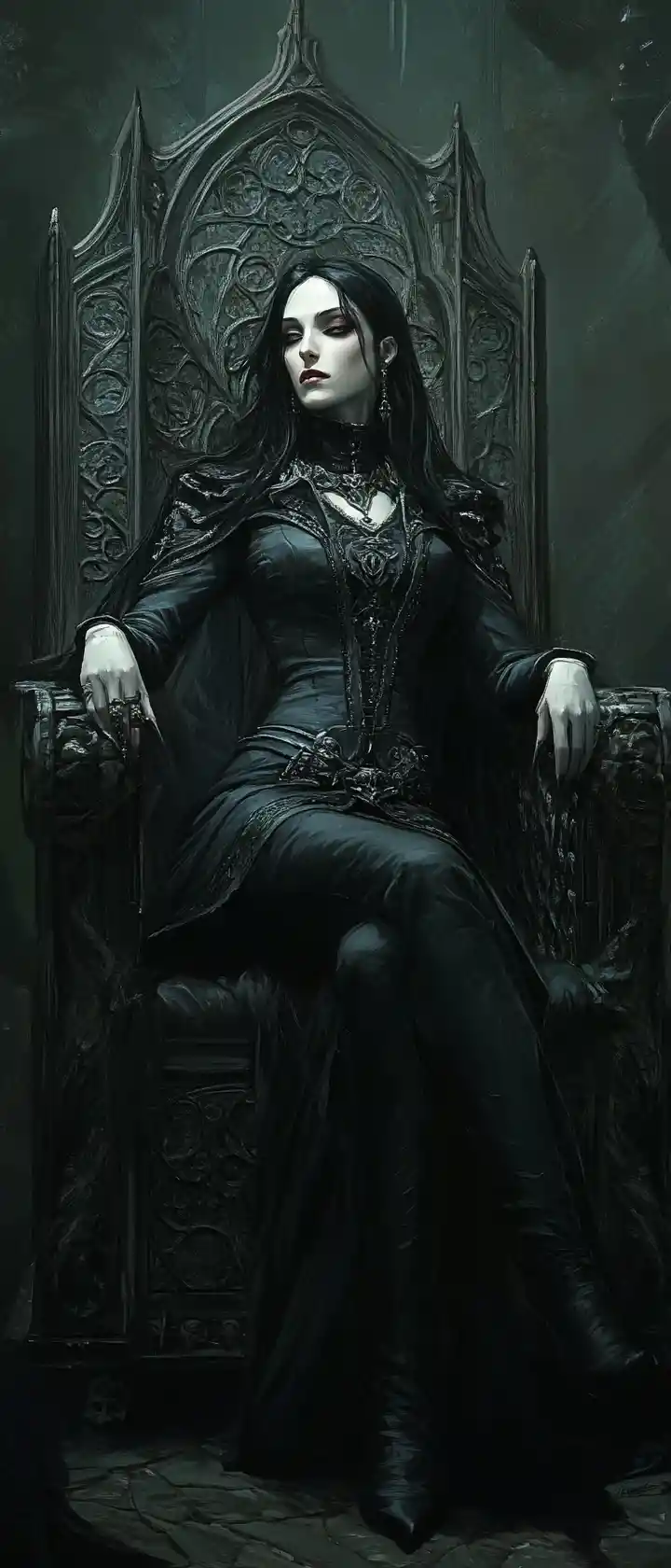 Dark fantasy queen seated on a metal gothic throne