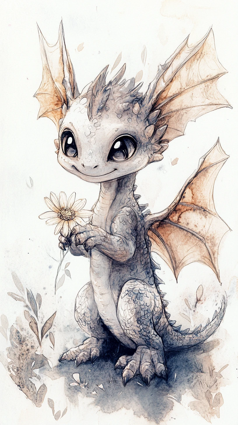 Süßer Baby-Drache mit einer Blume in Aquarell