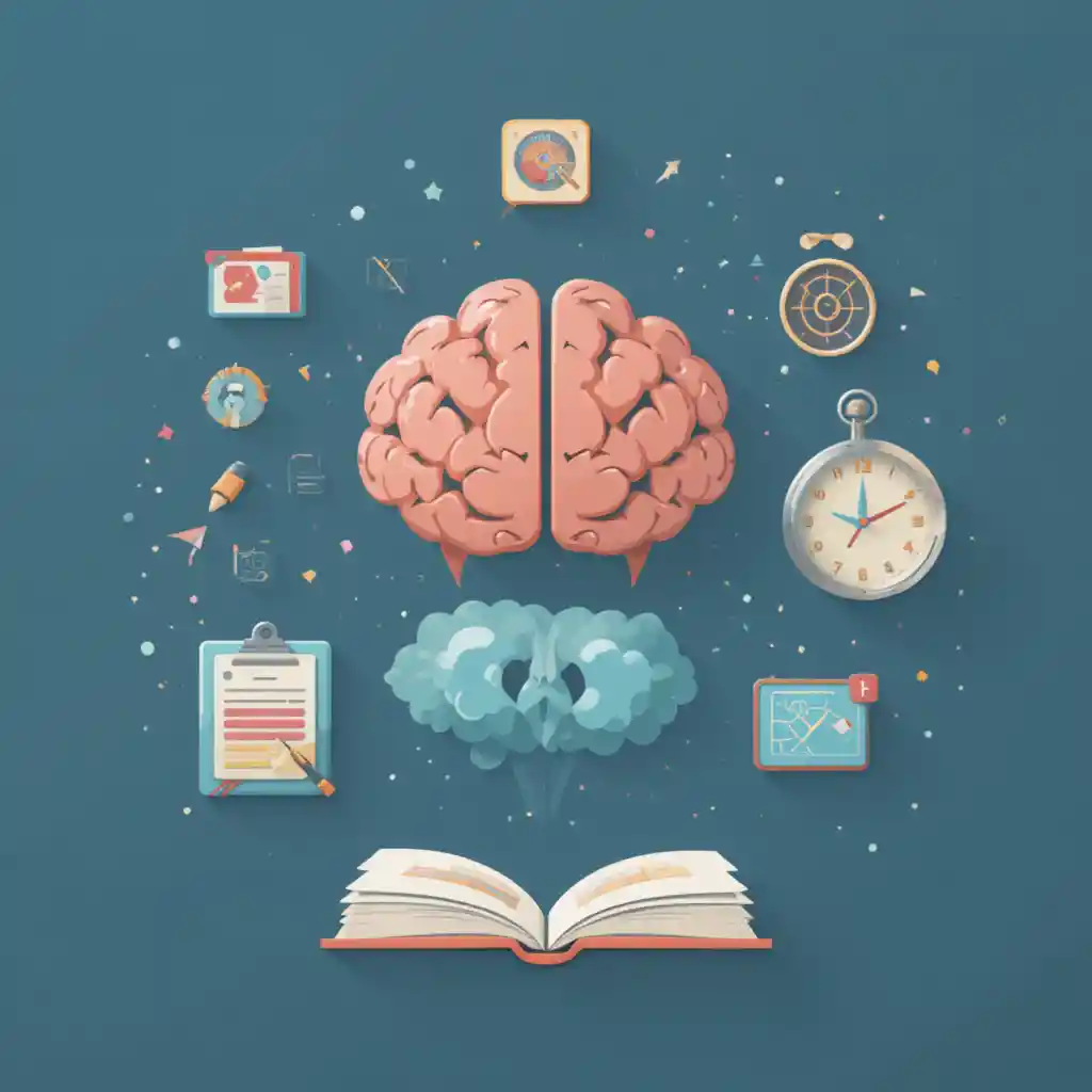 Icone educative minimaliste con cervello, checklist, orologio e libro