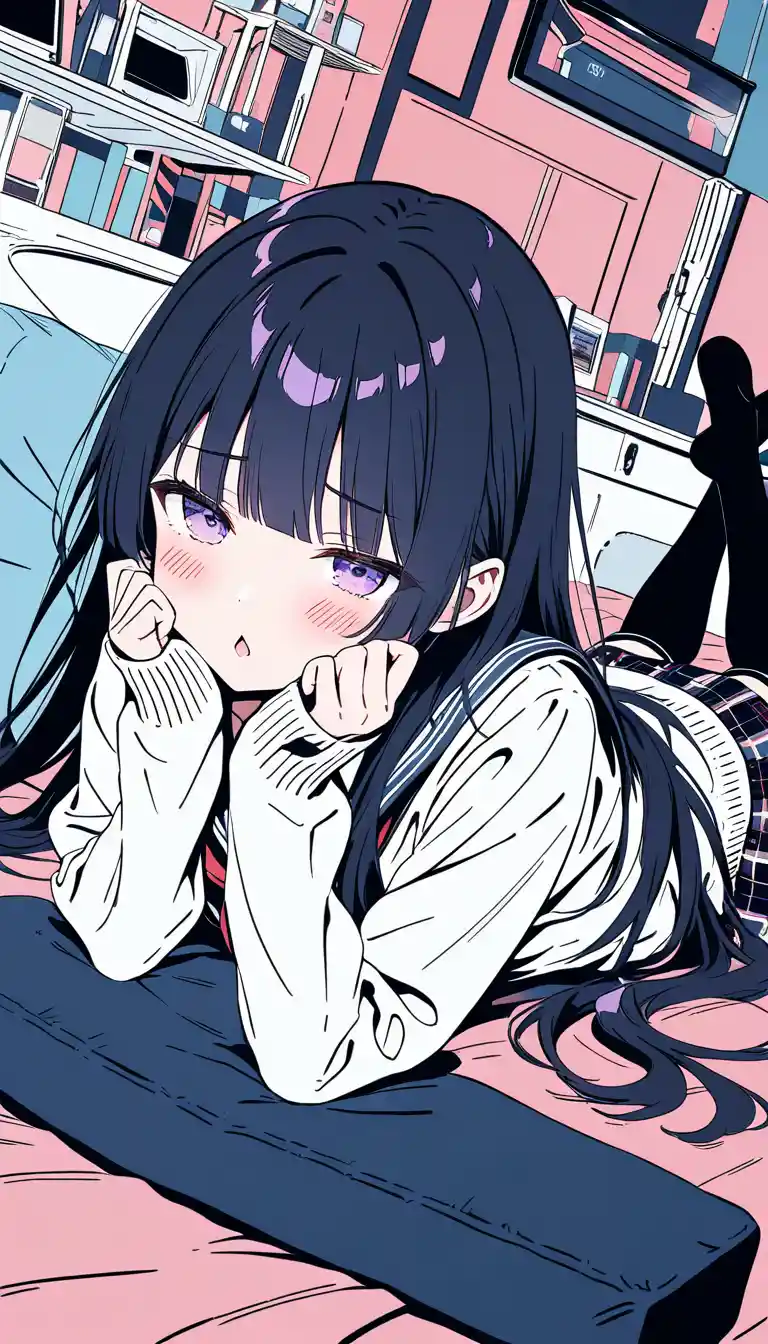 Anime schoolgirl lying on bed in cute bedroom