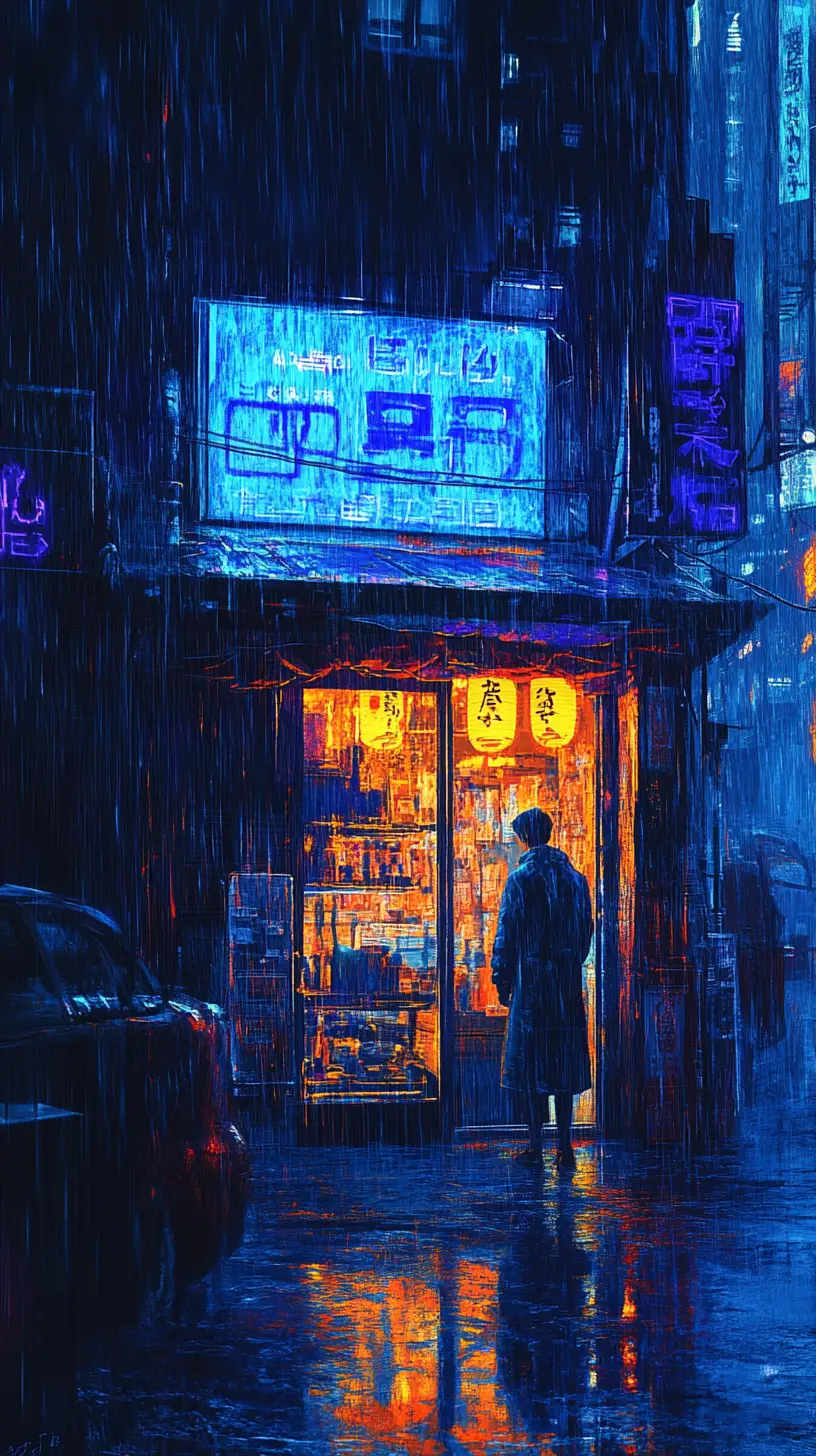 Solitary figure in a neon cyberpunk shop doorway