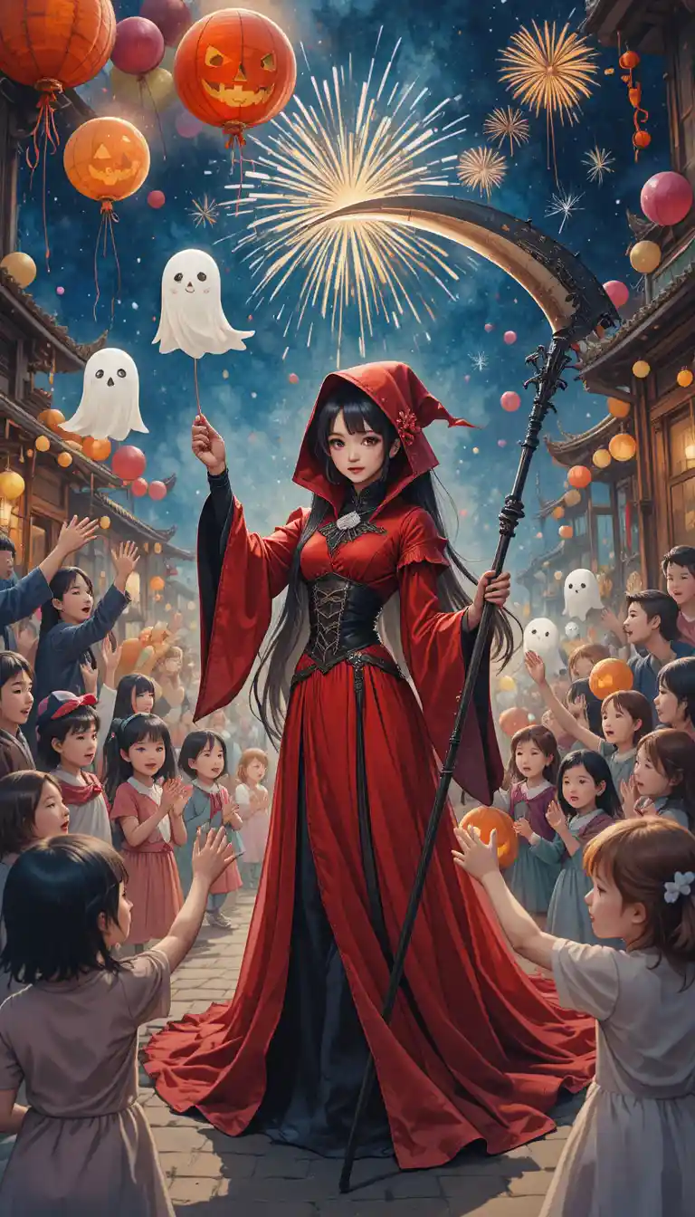 Femme d’anime incarnant la mort lors d’une fête d’anniversaire d’Halloween animée