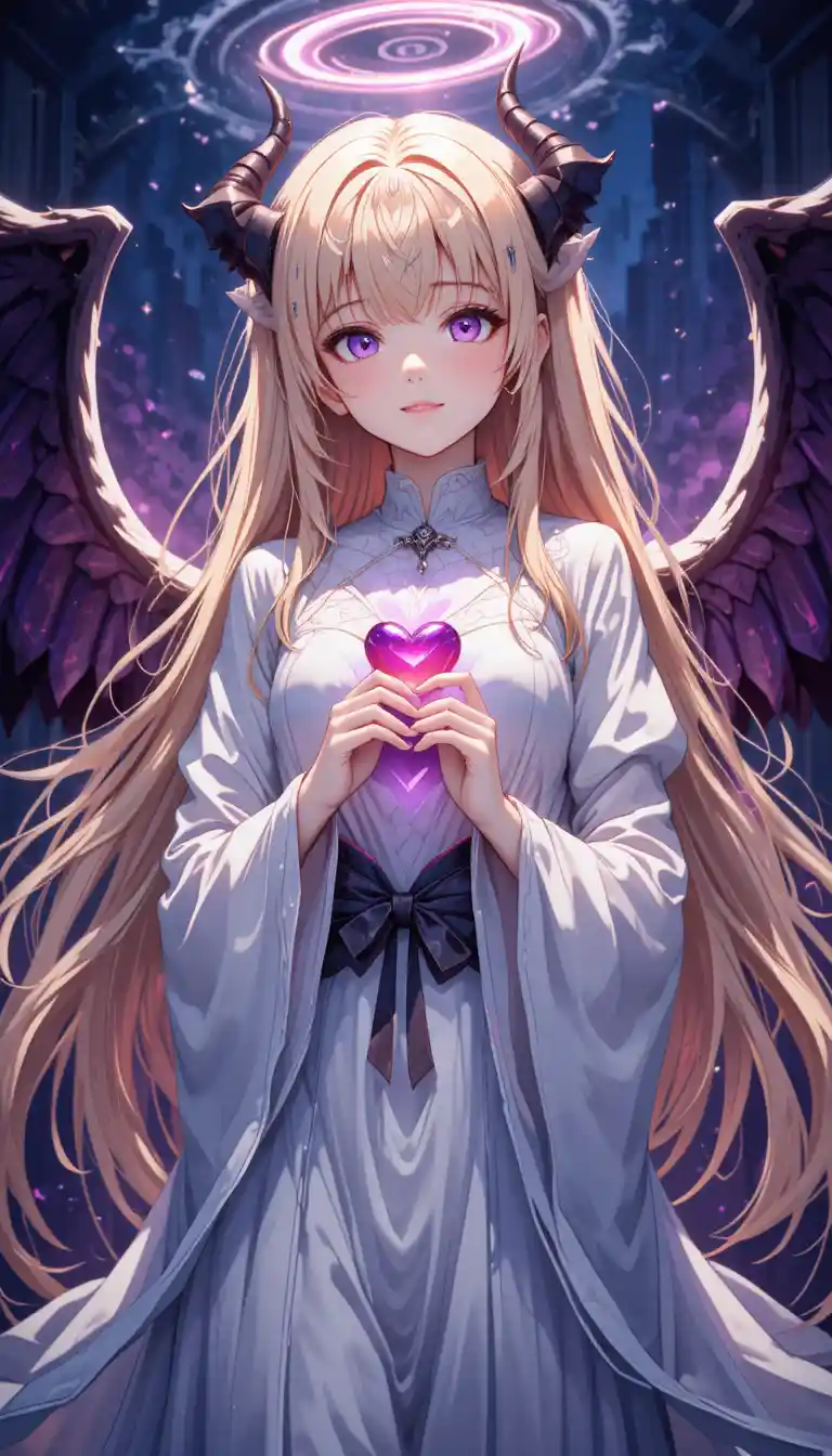 Smiling blonde anime girl with angel and demon wings