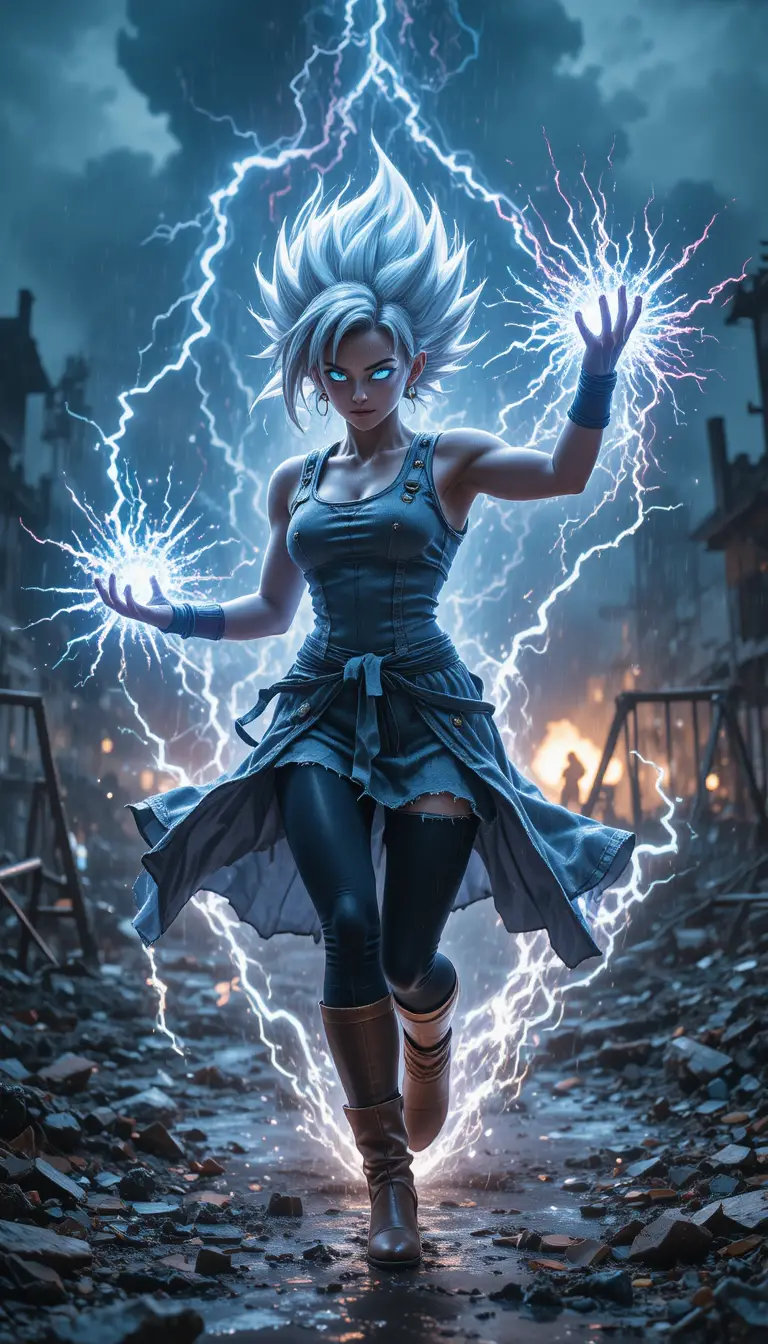 Silver haired warrior dodging attacks in ruined cyberpunk city