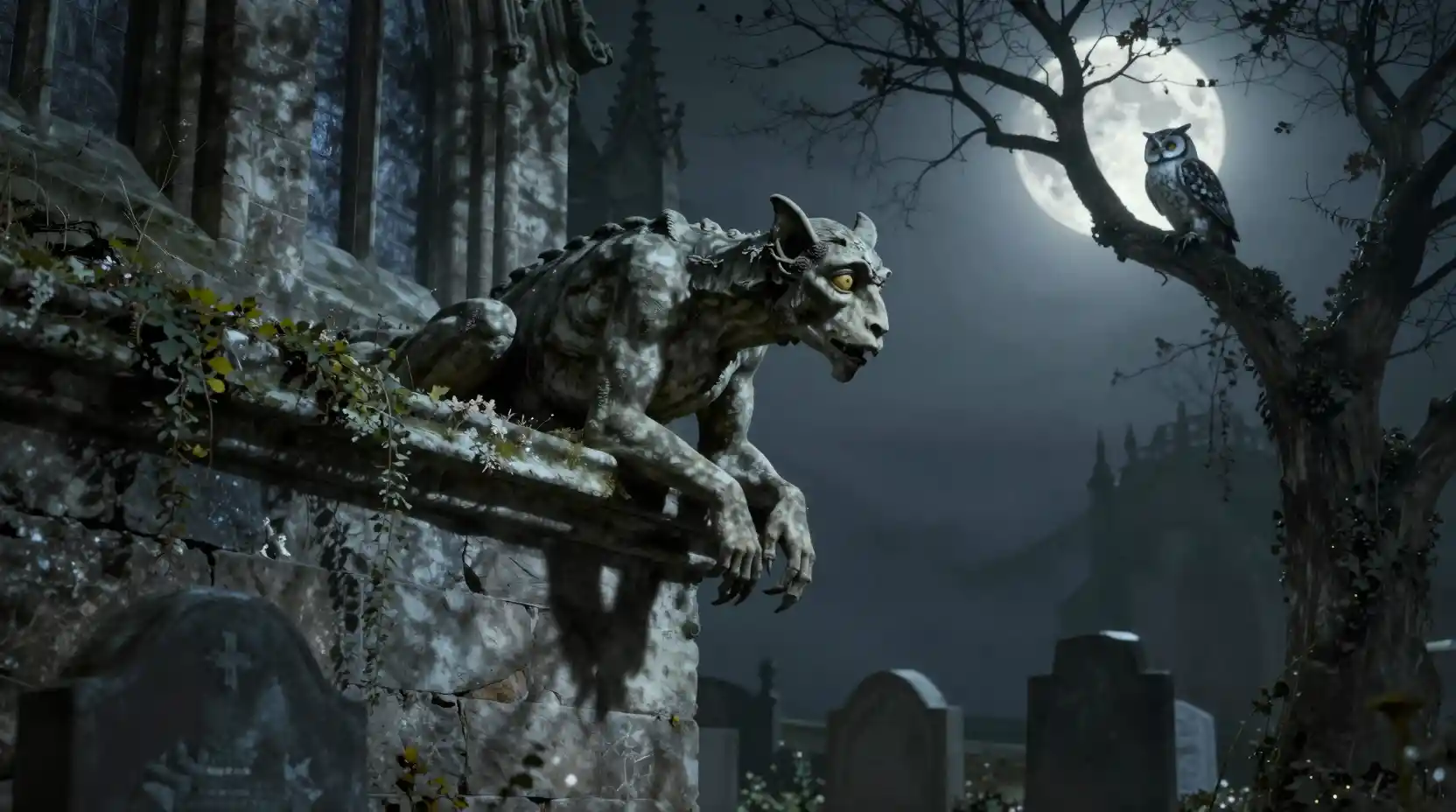 Gargoyle ruht lautlos auf mondbeschienener Friedhofsmauer