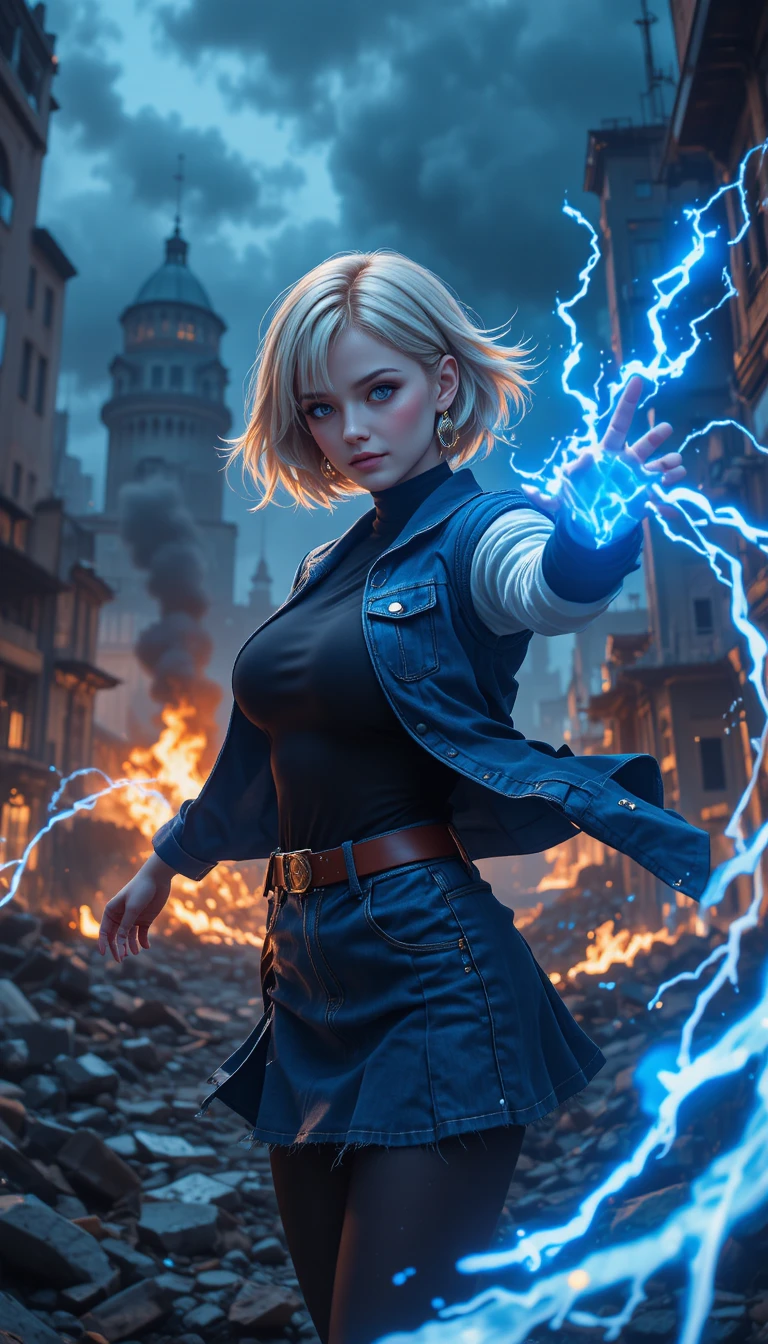 Ragazza anime che evoca energia blu in una strada cittadina in rovina