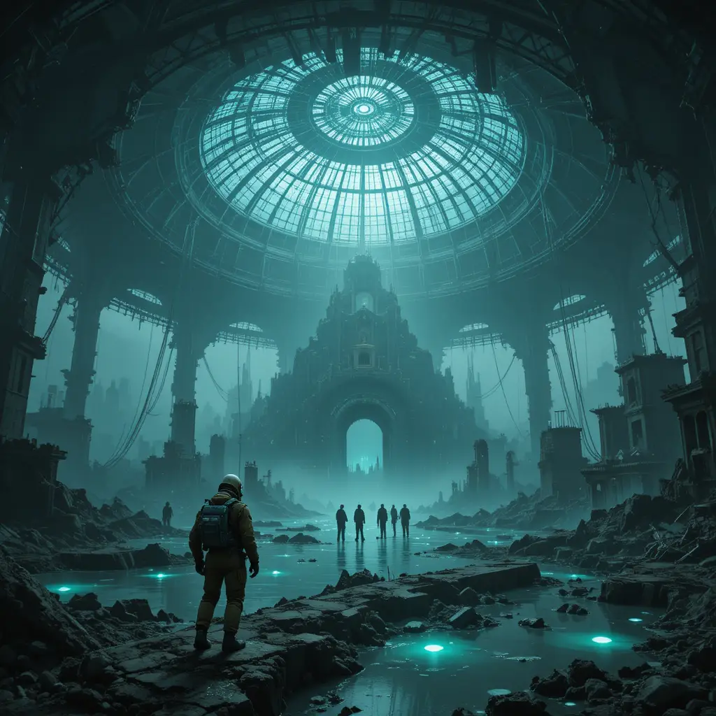 Massive dome sheltering a flooded decaying futuristic city