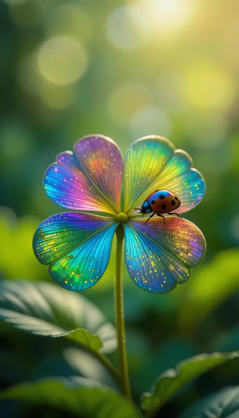 Makroaufnahme eines regenbogenfarbenen vierblättrigen Kleeblatts mit Marienkäfer