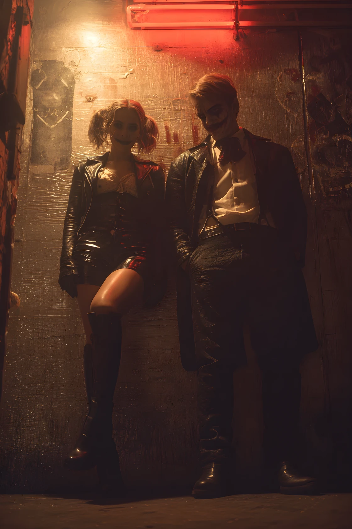 Blond leather clad woman looming over men in dungeon