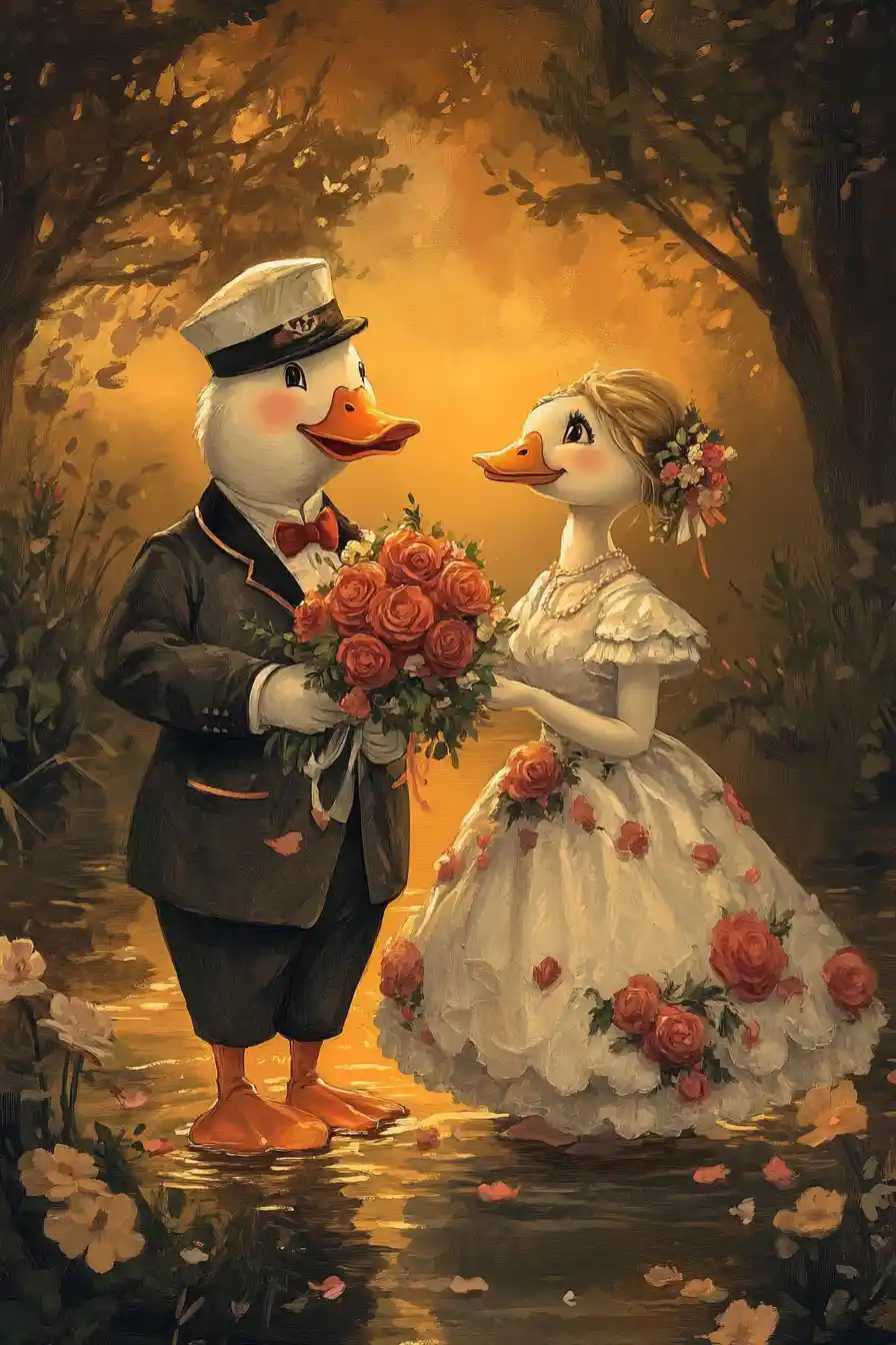 Romantic ducks by a tranquil pond at golden hour